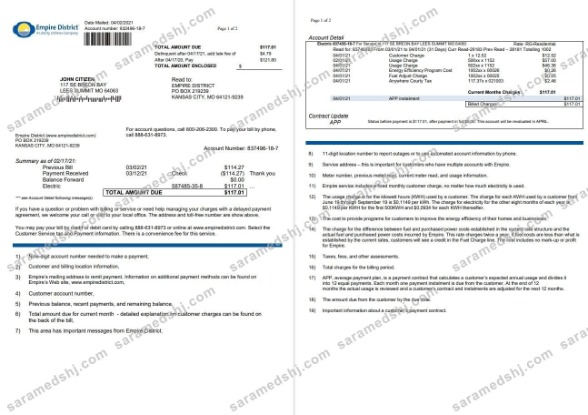 USA Empire District Electric Company utility bill template in Word and PDF format (2 pages)